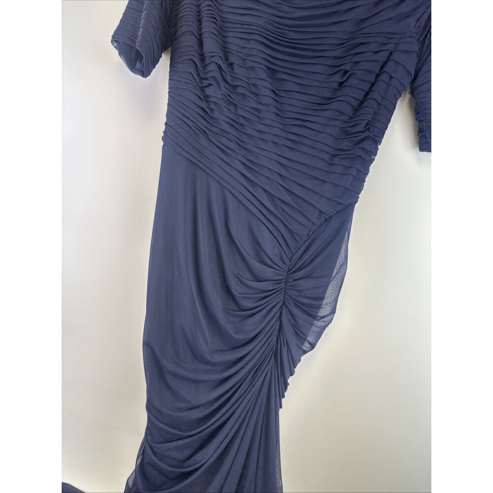 Tadashi Shoji Asymmetric Ruched Sleeve Gown Navy Chiffon Fitted Mermaid Large - Picture 6 of 16